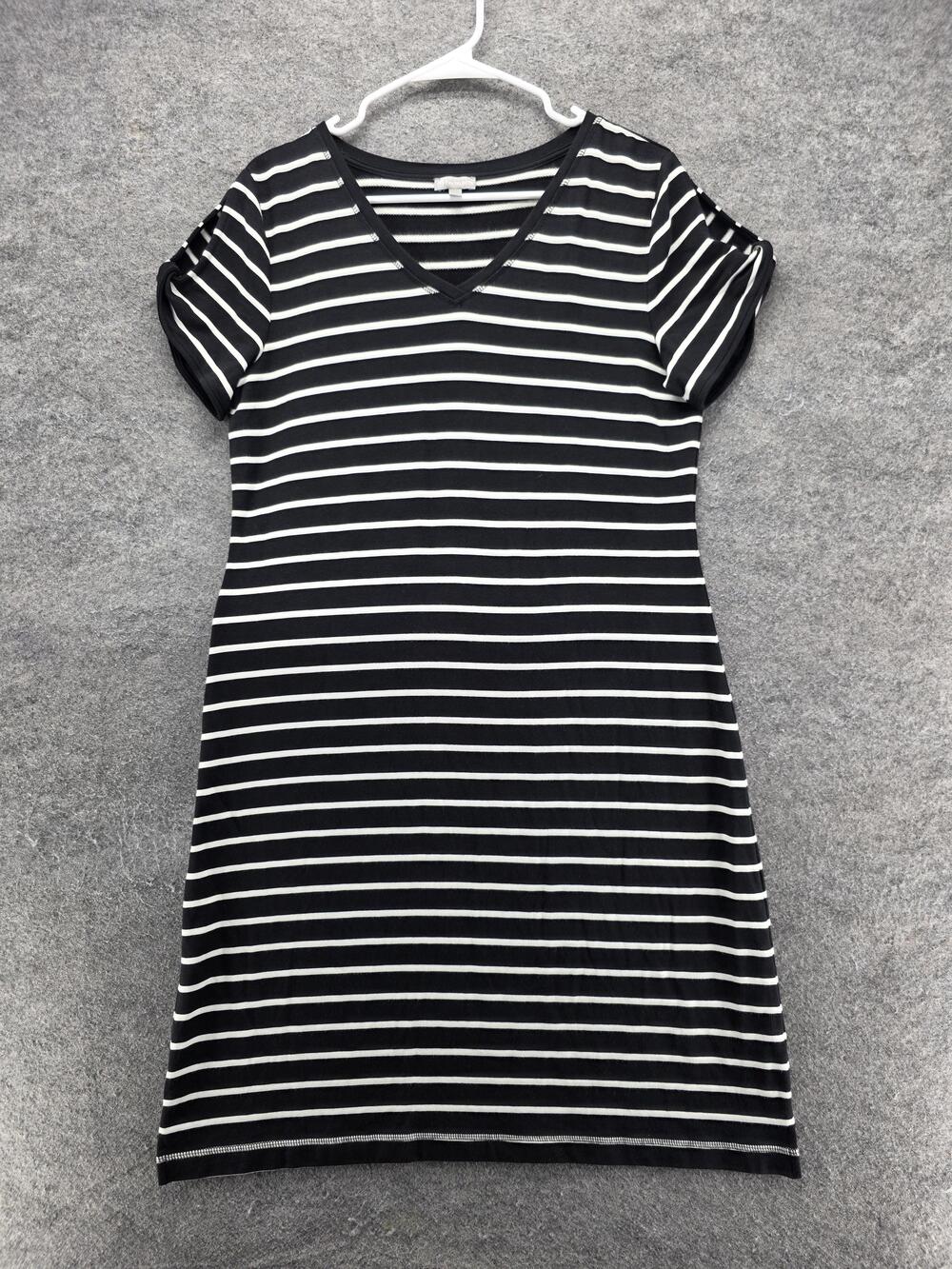 T By Talbots Dress Womens M Black T-Shirt Dress V-Neck Striped Knee Length